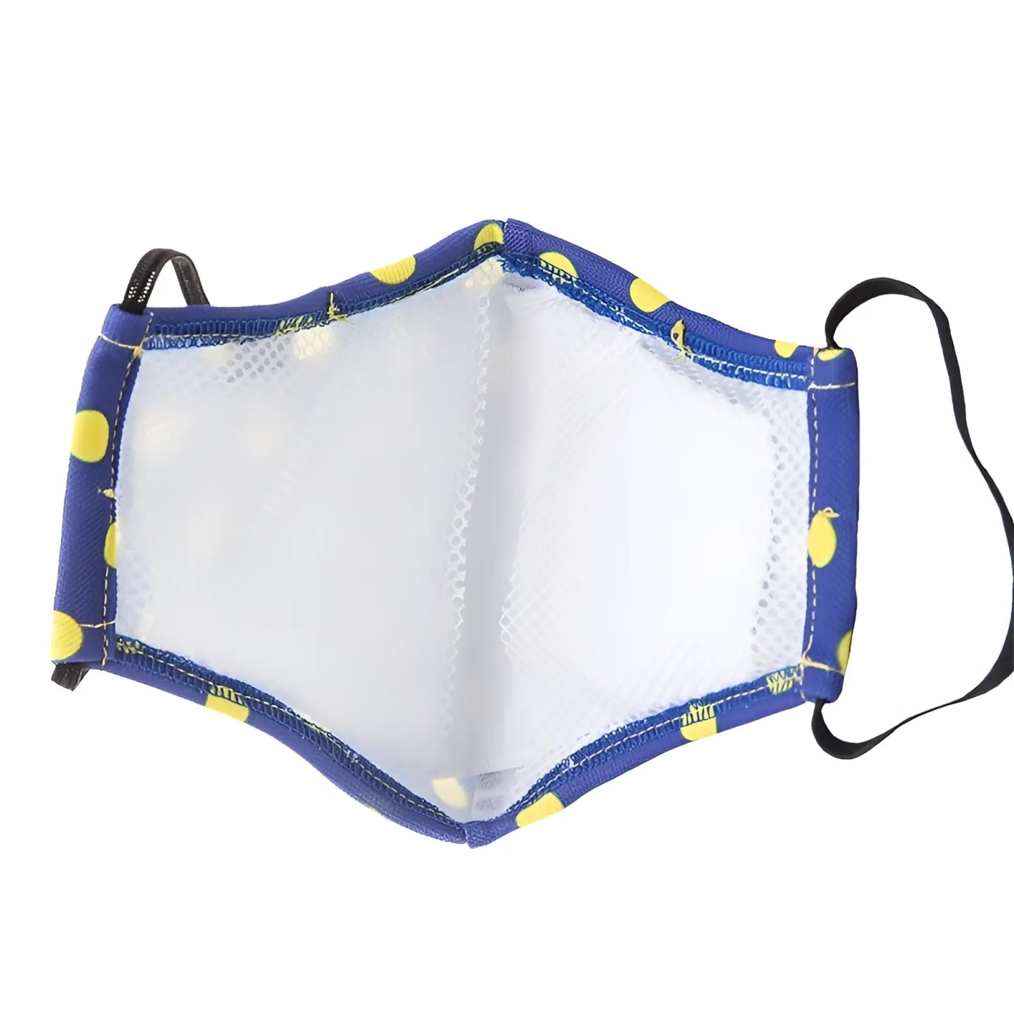 Blue face mask with yellow polka dots and black elastic ear loops by barcode berlin unisex size one size