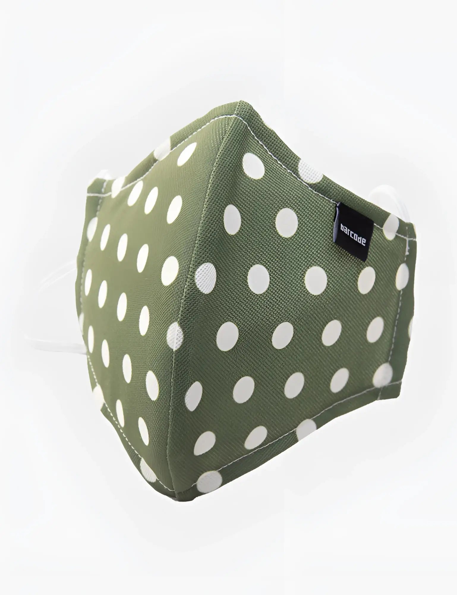 Olive green fabric face mask with white polka dots and black salcode brand tag from barcode berlin major general michelinho