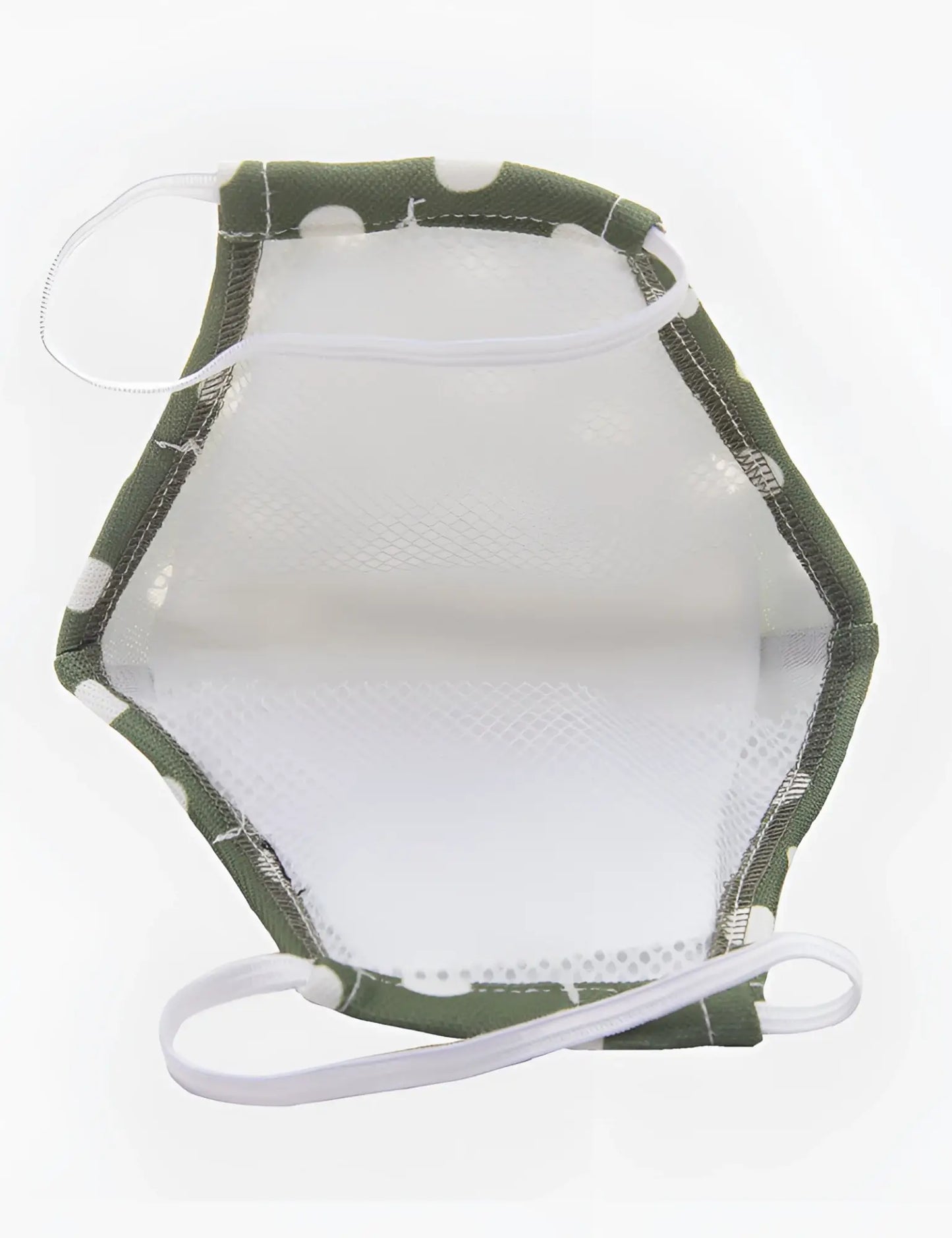 Olive green polka-dot mesh face mask with white elastic ear loops from Barcode Berlin unisex size one size