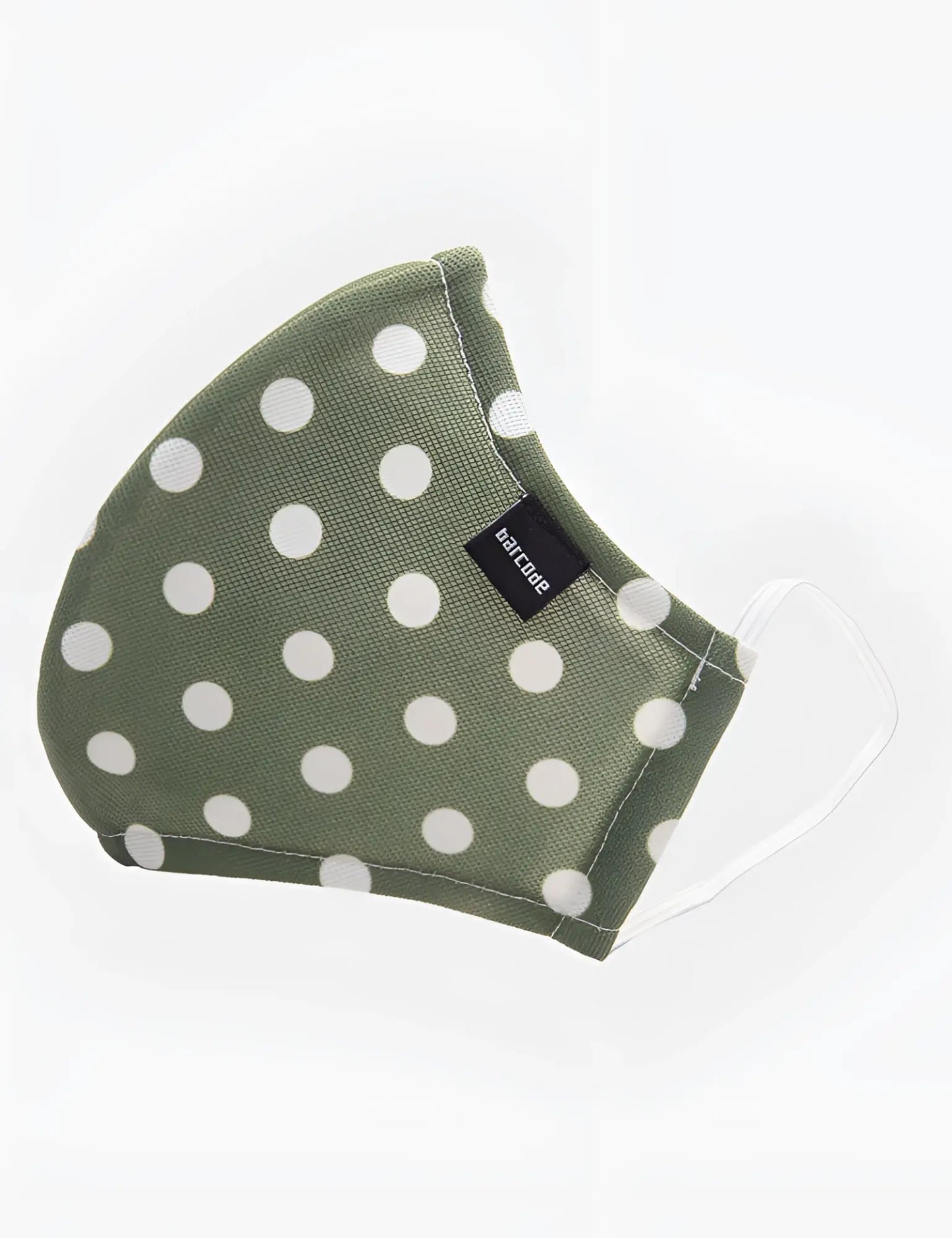 Olive green fabric face mask with white polka dots and clear elastic ear loops barcode berlin unisex one size