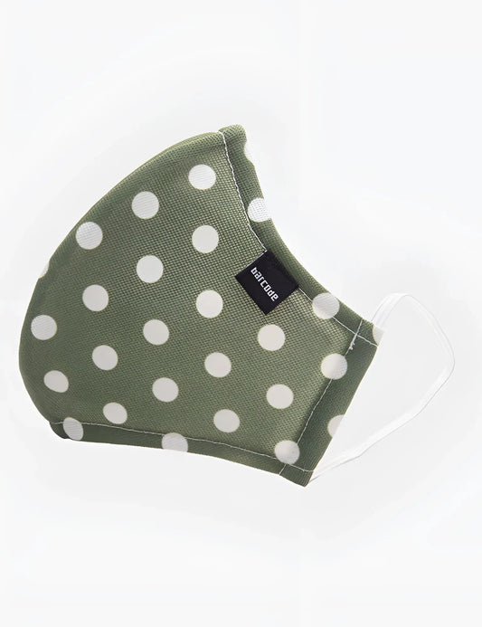 Olive green fabric face mask with white polka dots and clear elastic ear loops barcode berlin unisex one size