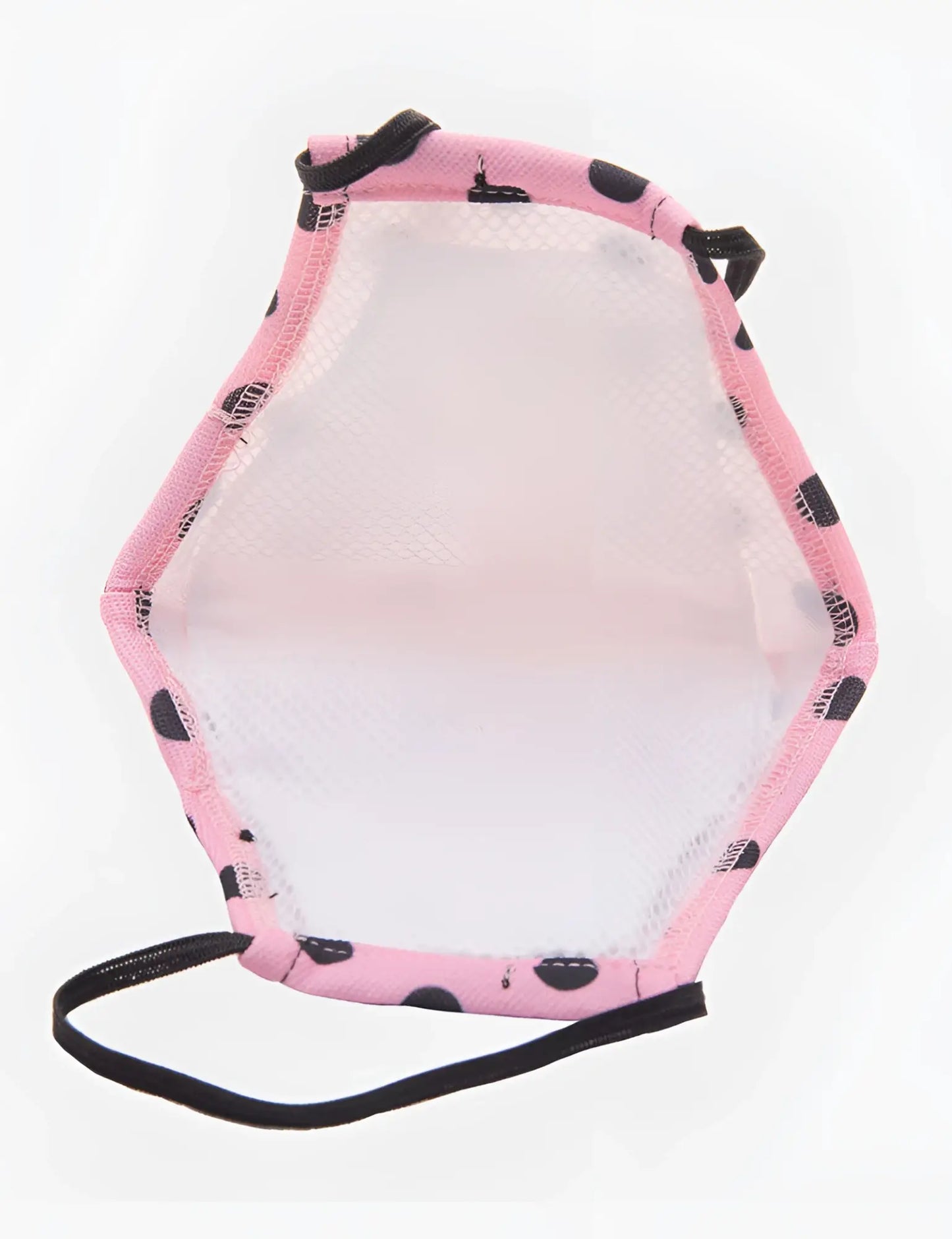 Pink hexagonal barcode berlin major general michelinho face mask with black polka dots and white mesh interior