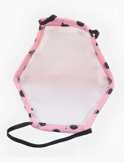 Pink hexagonal barcode berlin major general michelinho face mask with black polka dots and white mesh interior