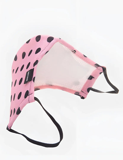Pink polka-dot face mask with clear plastic panel and black elastic ear loops barcode berlin major general michelinho unisex