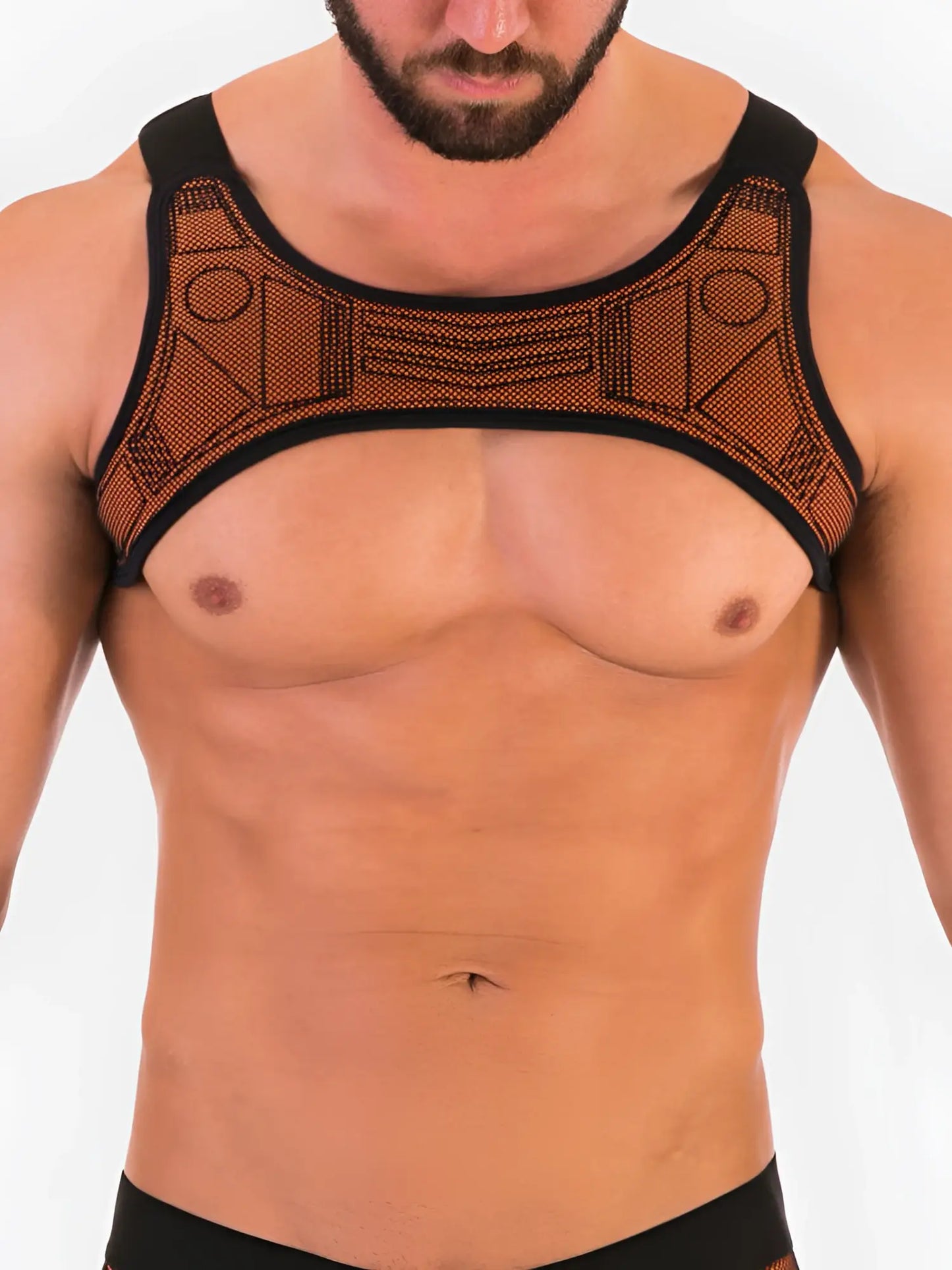 Black and orange mesh tank top with geometric patterns barcode berlin mario harness size l front view