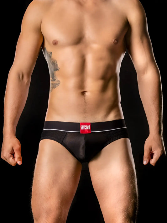 Black mesh briefs with a red barcode berlin brand label on the waistband size s thermobrief underwear black