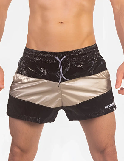 Barcode berlin patrick paneled shorts black gold swim trunks with metallic shiny reflective striped material size l