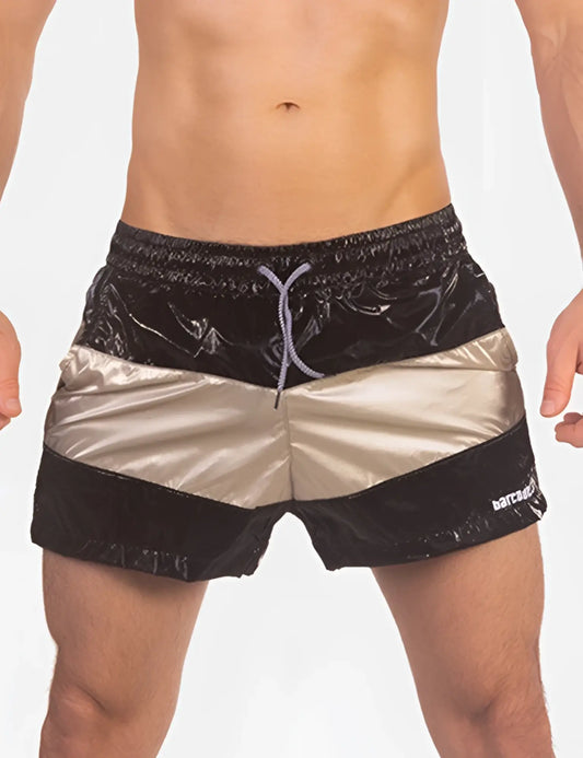 Barcode berlin patrick paneled shorts black gold swim trunks with metallic shiny reflective striped material size l