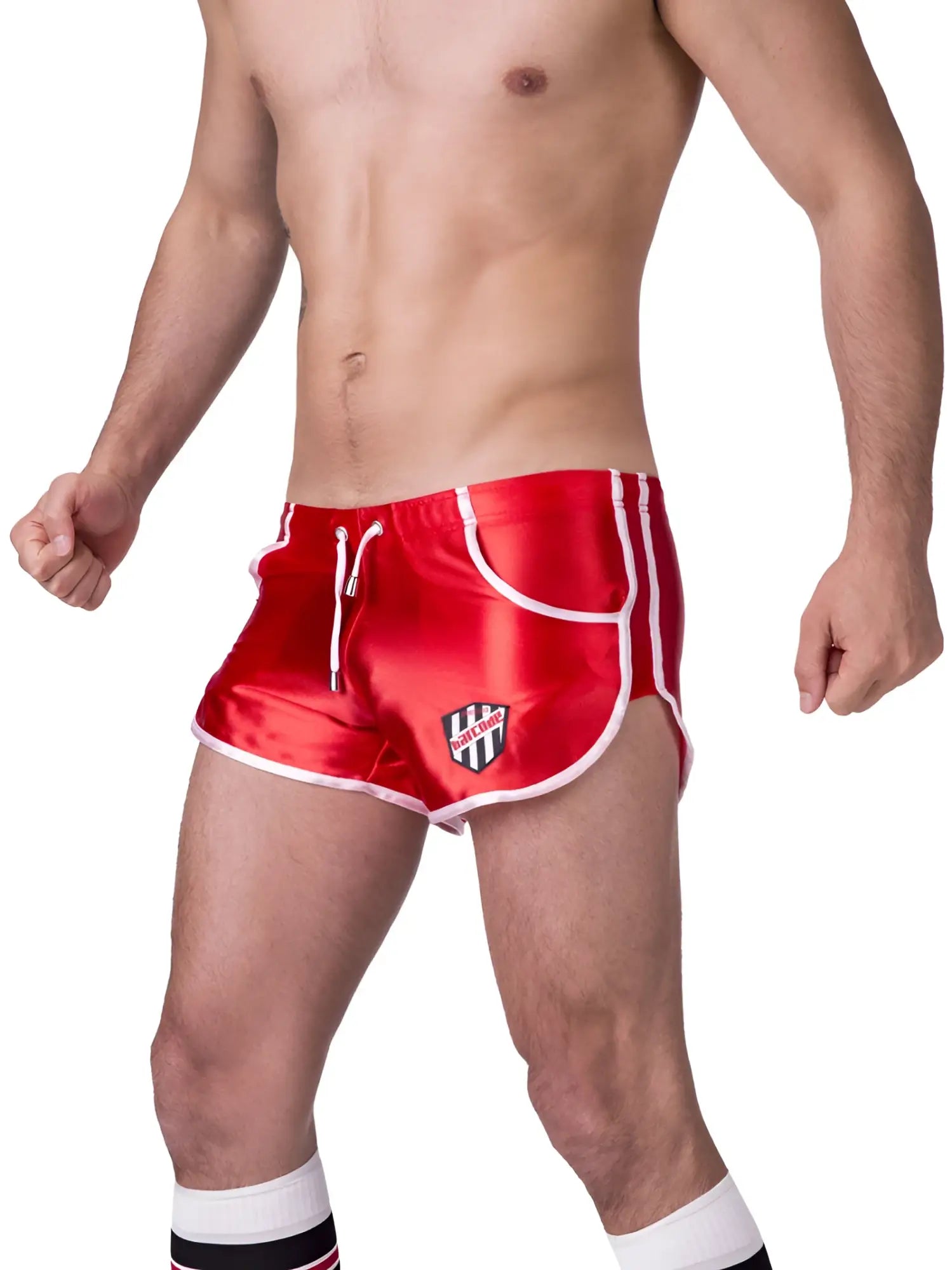 Red satin athletic shorts with white trim and black white shield logo on left leg barcode berlin shiny dean shorts xl
