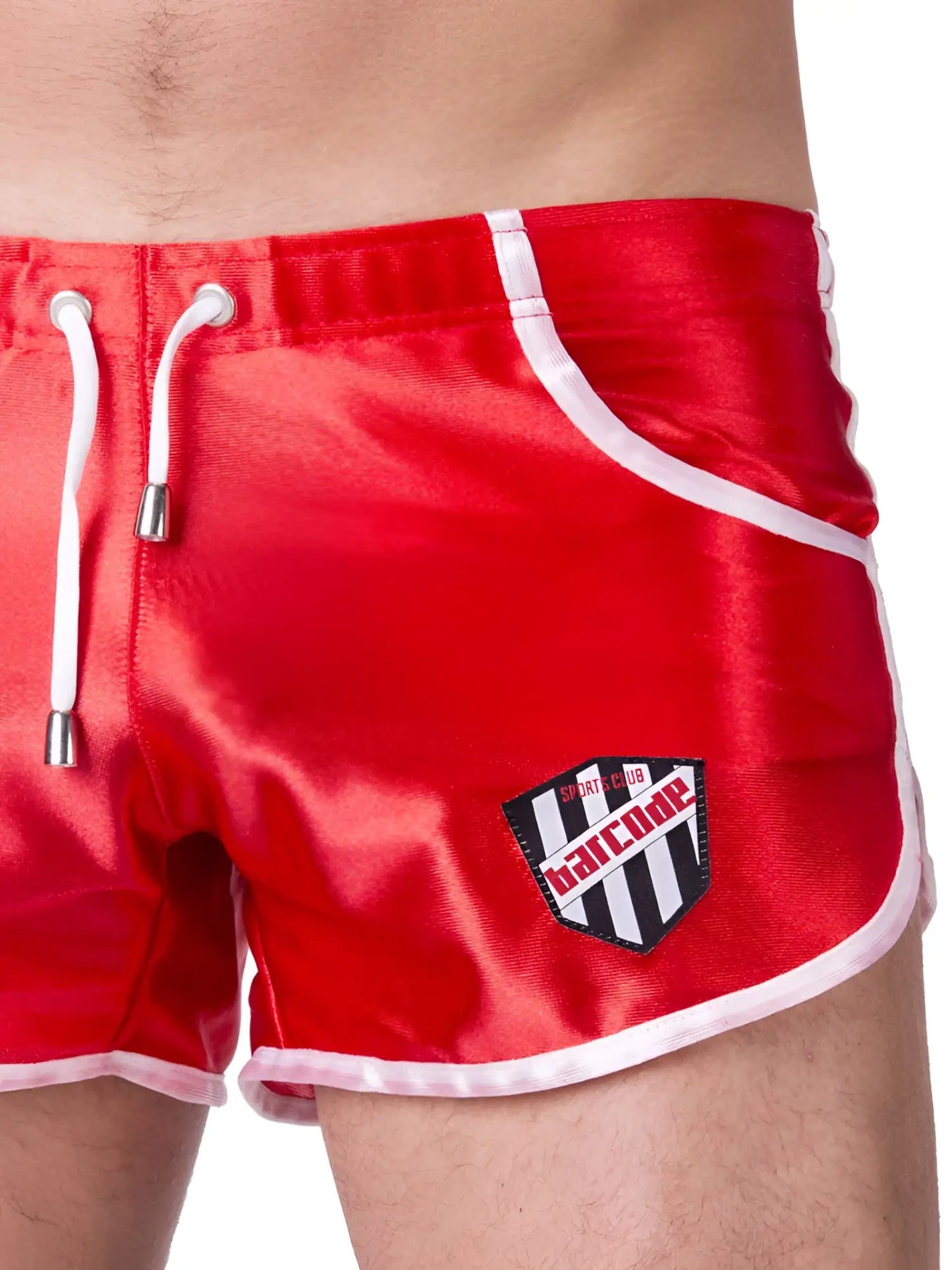 Red satin swim trunks with white drawstrings and trim featuring barcode berlin shiny dean logo patch in size xl