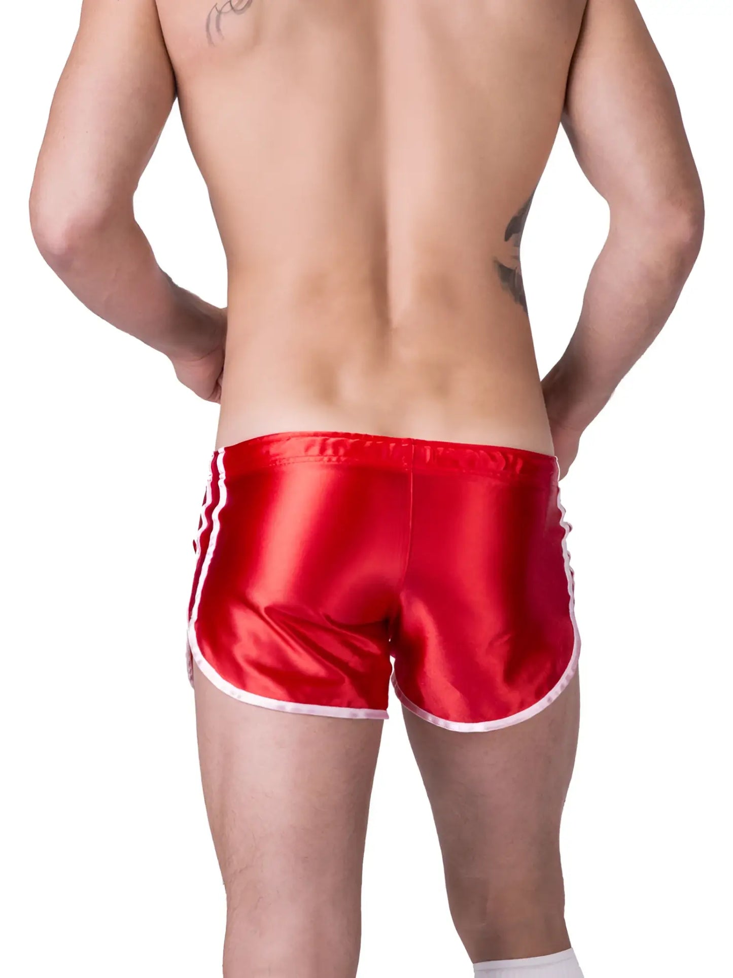 Red satin shorts with white trim and side stripes from Barcode Berlin shiny Dean shorts in size XL