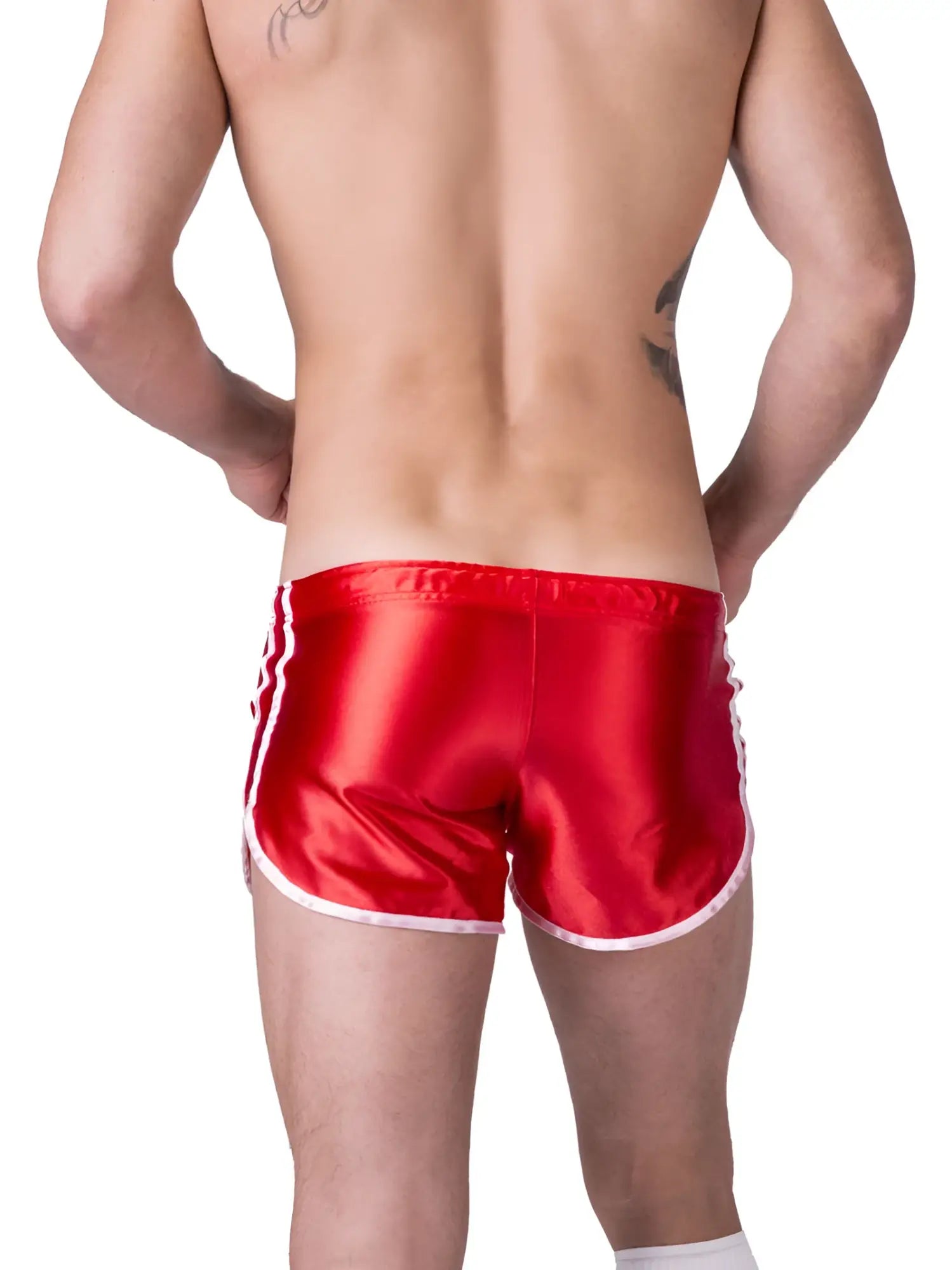 Red satin shorts with white trim and side stripes from Barcode Berlin shiny Dean shorts in size XL