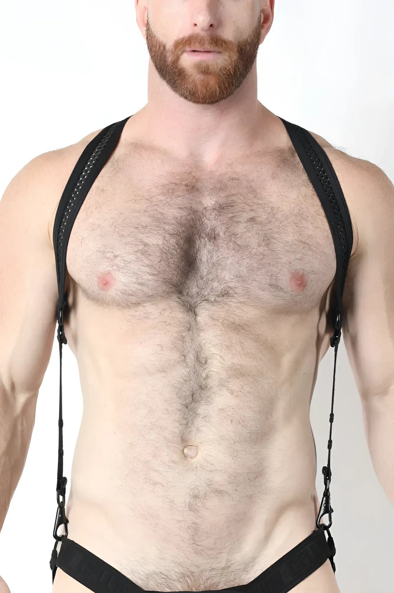 Bare mesh 2.0 mesh harness made of black mesh and leather suspenders with adjustable straps shown from the back side