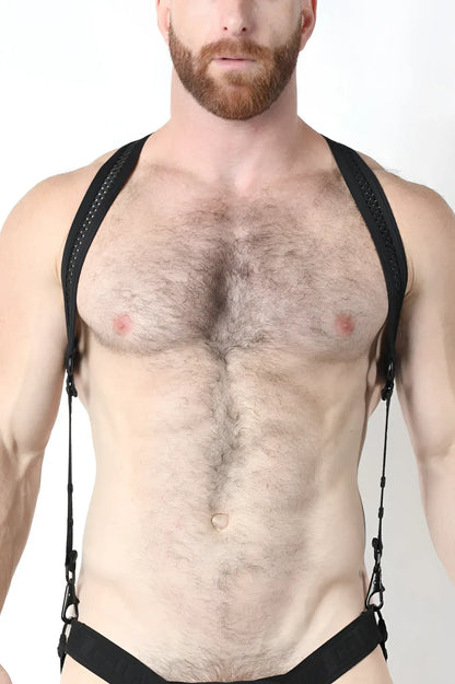 Bare mesh 2.0 mesh harness made of black mesh and leather suspenders with adjustable straps shown from the back side