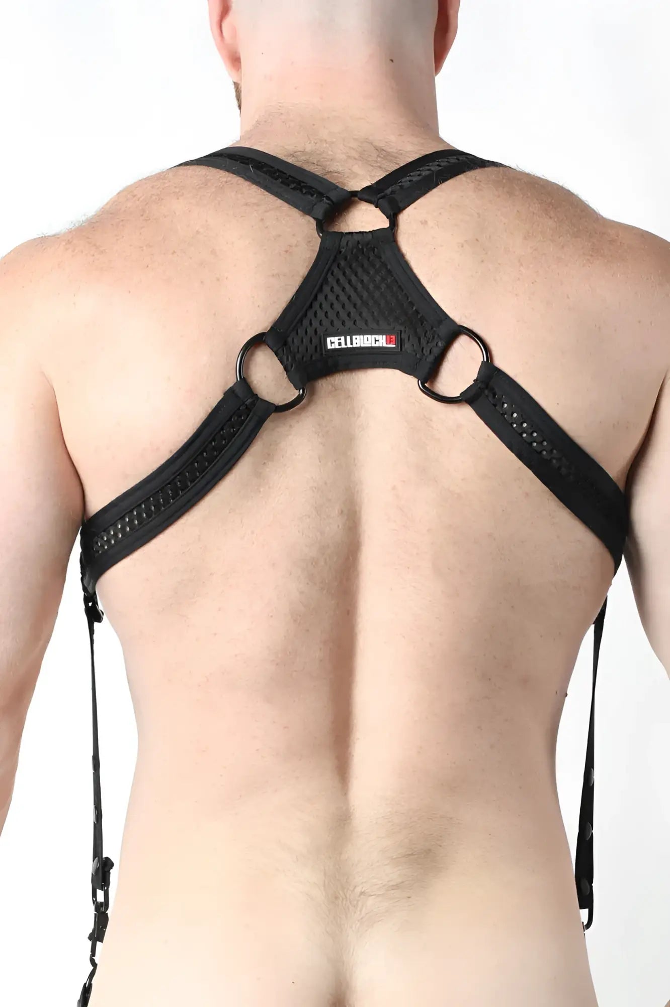 Black mesh and strap harness with metal rings branded cellbioch on central panel bare mesh 2.0 mesh harness