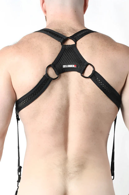 Black mesh and strap harness with metal rings branded cellbioch on central panel bare mesh 2.0 mesh harness