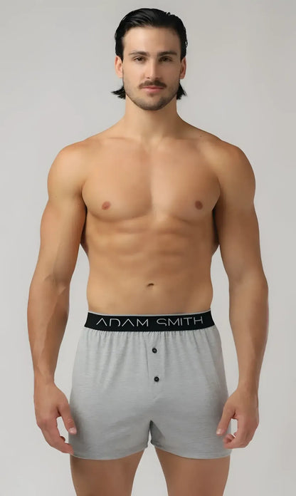Basic boxer gray cotton boxer shorts with black adam smith waistband and three front buttons