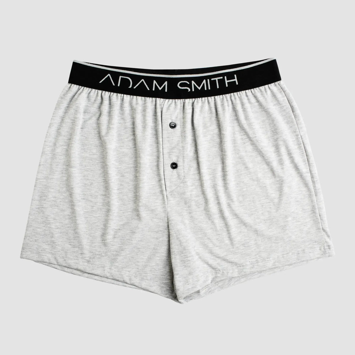 Basic boxer gray heathered cotton boxer shorts with black elastic waistband adam smith logo and two front buttons