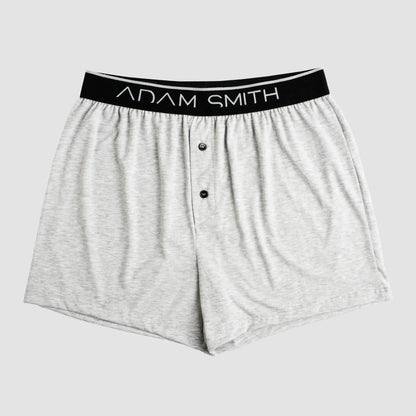 Basic boxer gray heathered cotton boxer shorts with black elastic waistband adam smith logo and two front buttons
