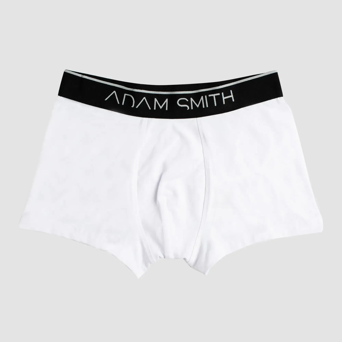 Basic boxer trunks white adam smith boxer briefs with black waistband and silver lettering for comfortable everyday wear