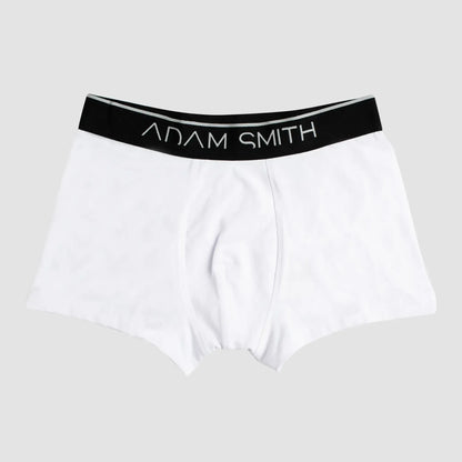 Basic boxer trunks white adam smith boxer briefs with black waistband and silver lettering for comfortable everyday wear