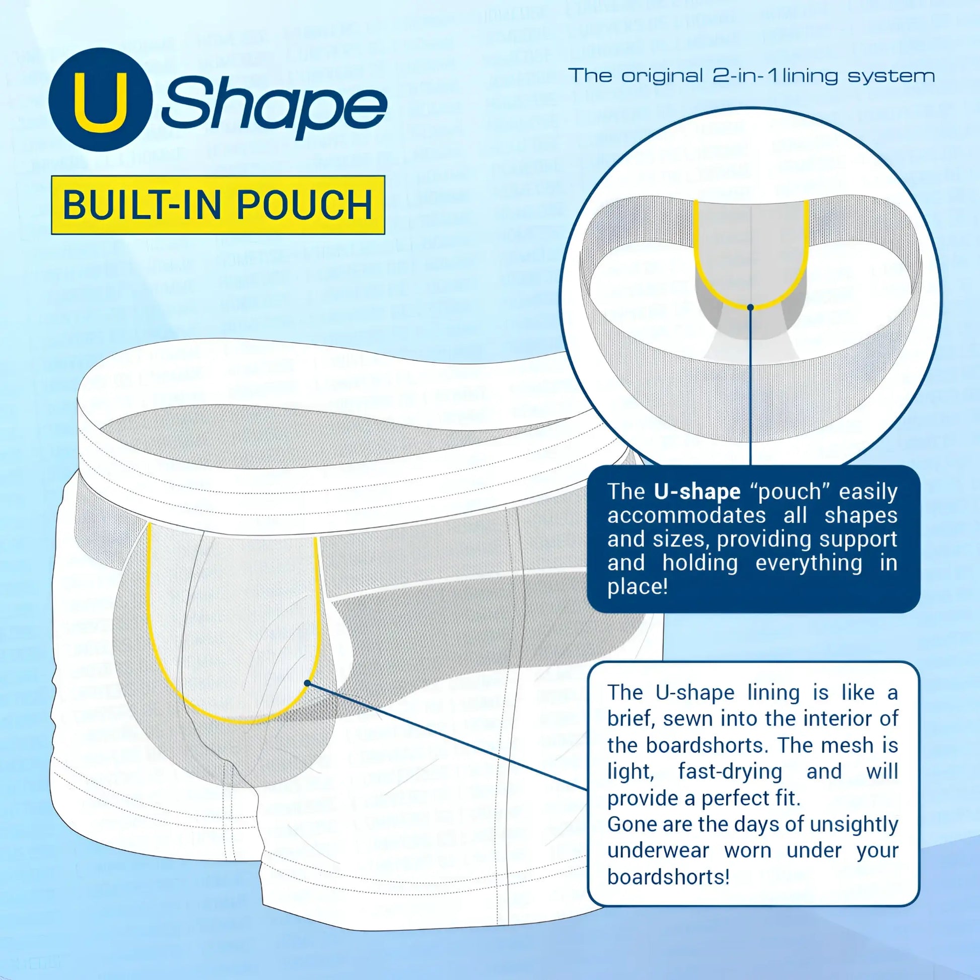 Basic mini short u shape brand built-in pouch briefs with light mesh lining and yellow trim
