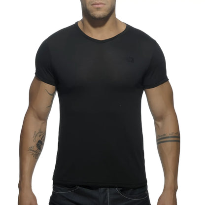 Basic v neck t shirt black short sleeved crew neck with subtle logo on left chest made from soft cotton