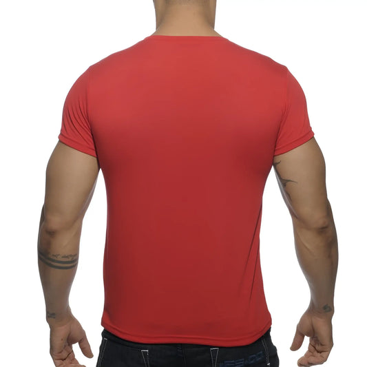 Red short-sleeved crew neck t-shirt shown from the back in a basic v-neck t-shirt product image