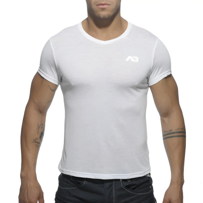White short-sleeved crew neck t-shirt with subtle logo on left chest for basic casual wear