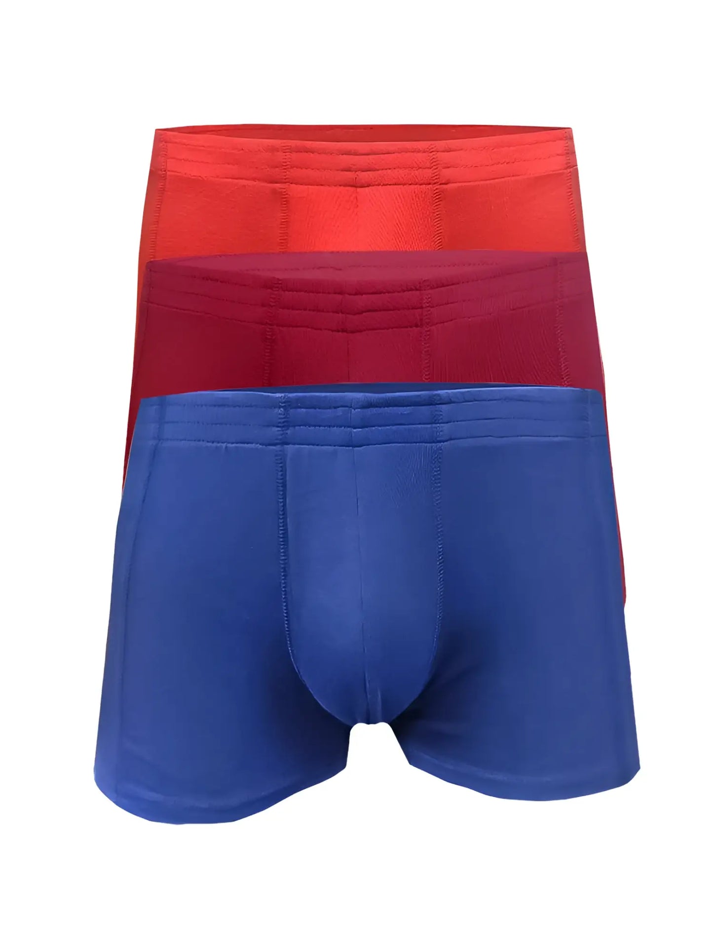 Set of three men’s boxer briefs basics trunk 3-pack in vibrant red maroon and royal blue colors