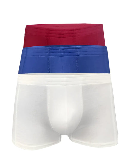 Set of three men’s briefs basics trunk 3-pack in assorted red blue and white colors for everyday comfort