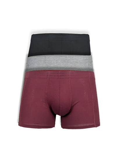 Three-pack of men’s basics trunk boxer briefs in black heather gray and maroon assorted colors