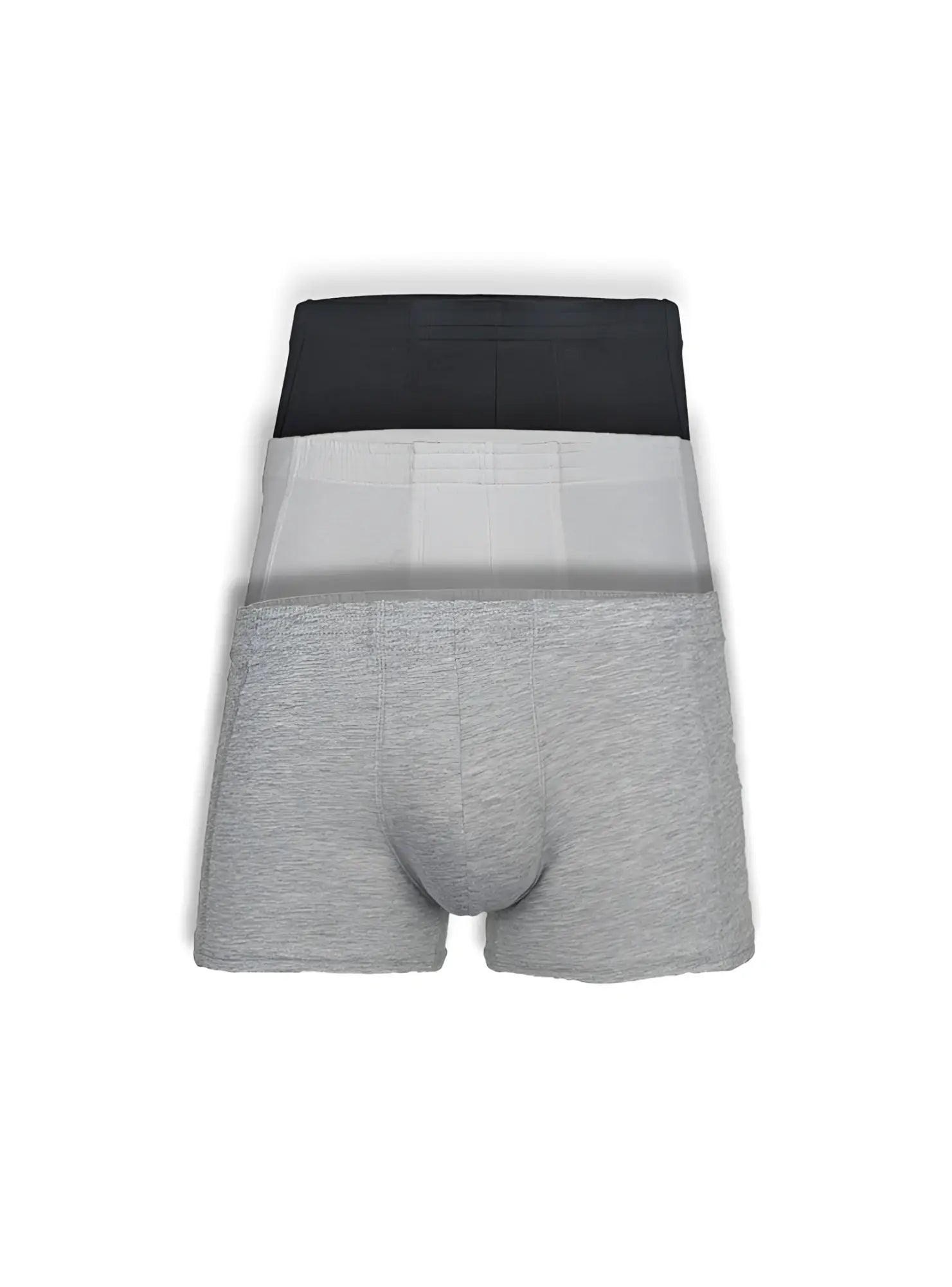 Three-pack of men’s boxer briefs in heather gray light gray and black with soft cotton blend fabric basics trunk 3-pack