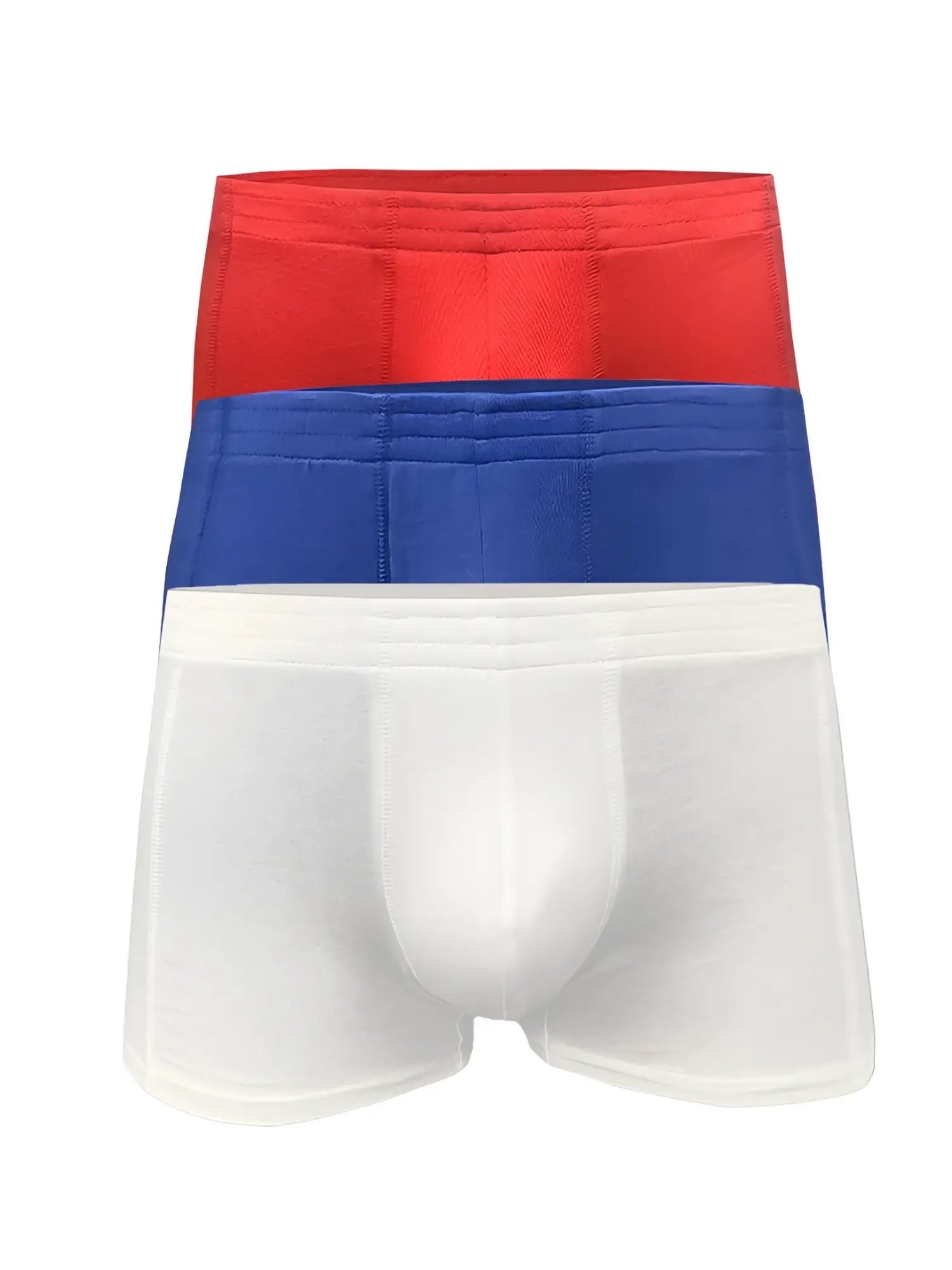 Three-pack of men’s boxer briefs in red blue and white with smooth fabric finish in assorted colors basics trunk