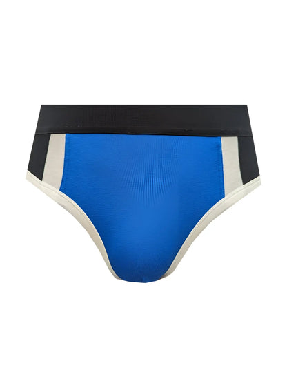 Blue Basix Comfort Jock athletic briefs with black waistband and white side stripes designed for active support