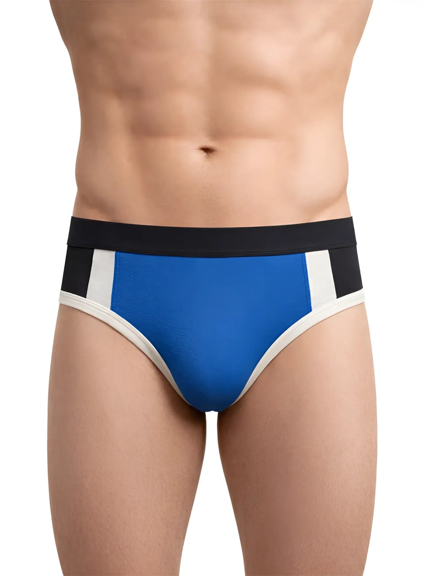 Blue and black basix comfort jock athletic briefs with white trim designed for support and comfort during sports activities