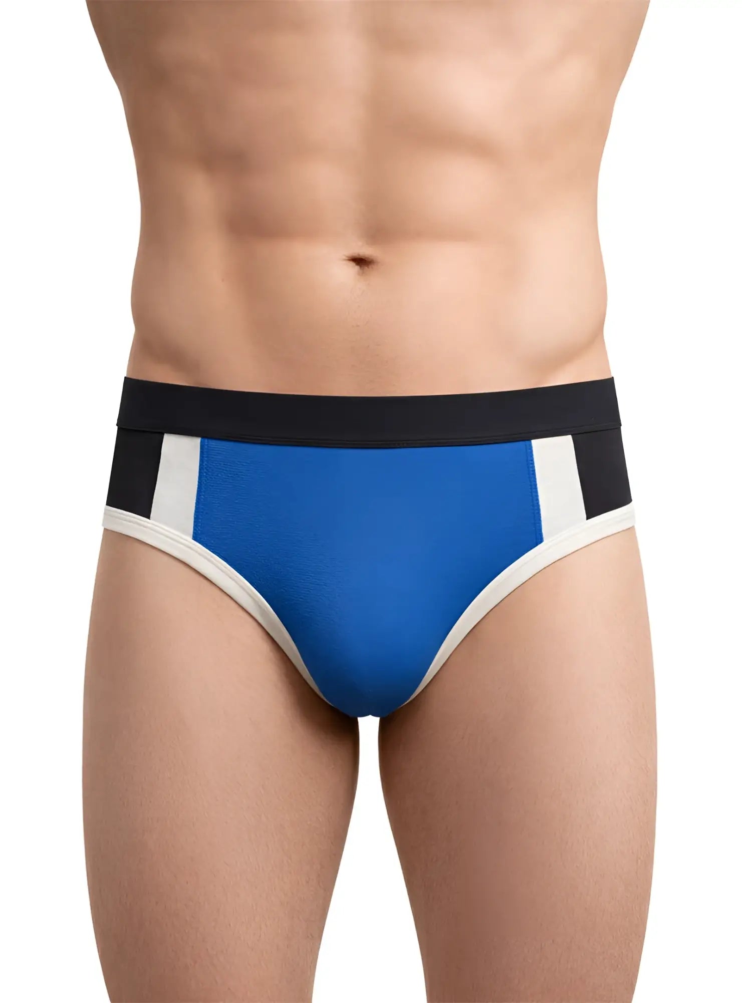 Blue and black basix comfort jock athletic briefs with white trim designed for support and comfort during sports activities