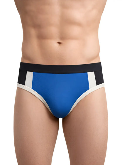 Blue and black basix comfort jock athletic briefs with white trim designed for support and comfort during sports activities