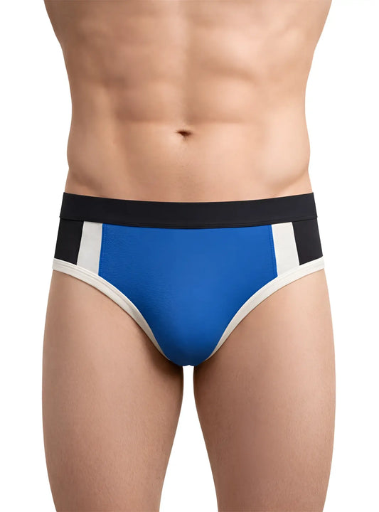 Blue and black basix comfort jock athletic briefs with white trim designed for support and comfort during sports activities
