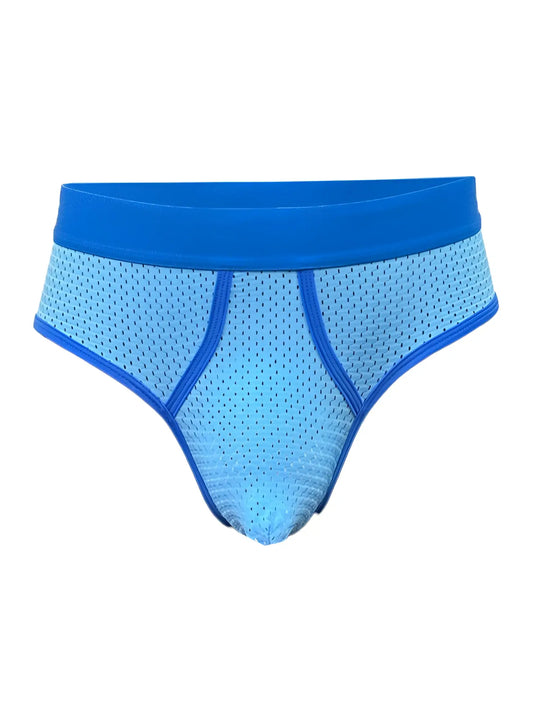 Blue mesh briefs with solid blue waistband and trim from basix comfort mesh brief for breathable everyday wear