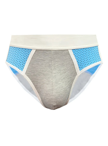 Basix sports brief in gray and light blue with perforated side panels for enhanced breathability and athletic use