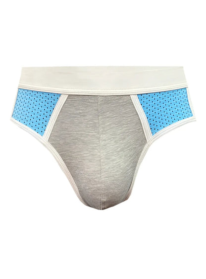 Basix sport gray and light blue athletic briefs with perforated side panels for breathable support and comfort
