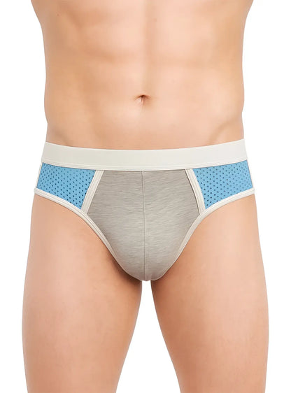Basix Sport’s gray and light blue athletic briefs with perforated side panels for breathability and support