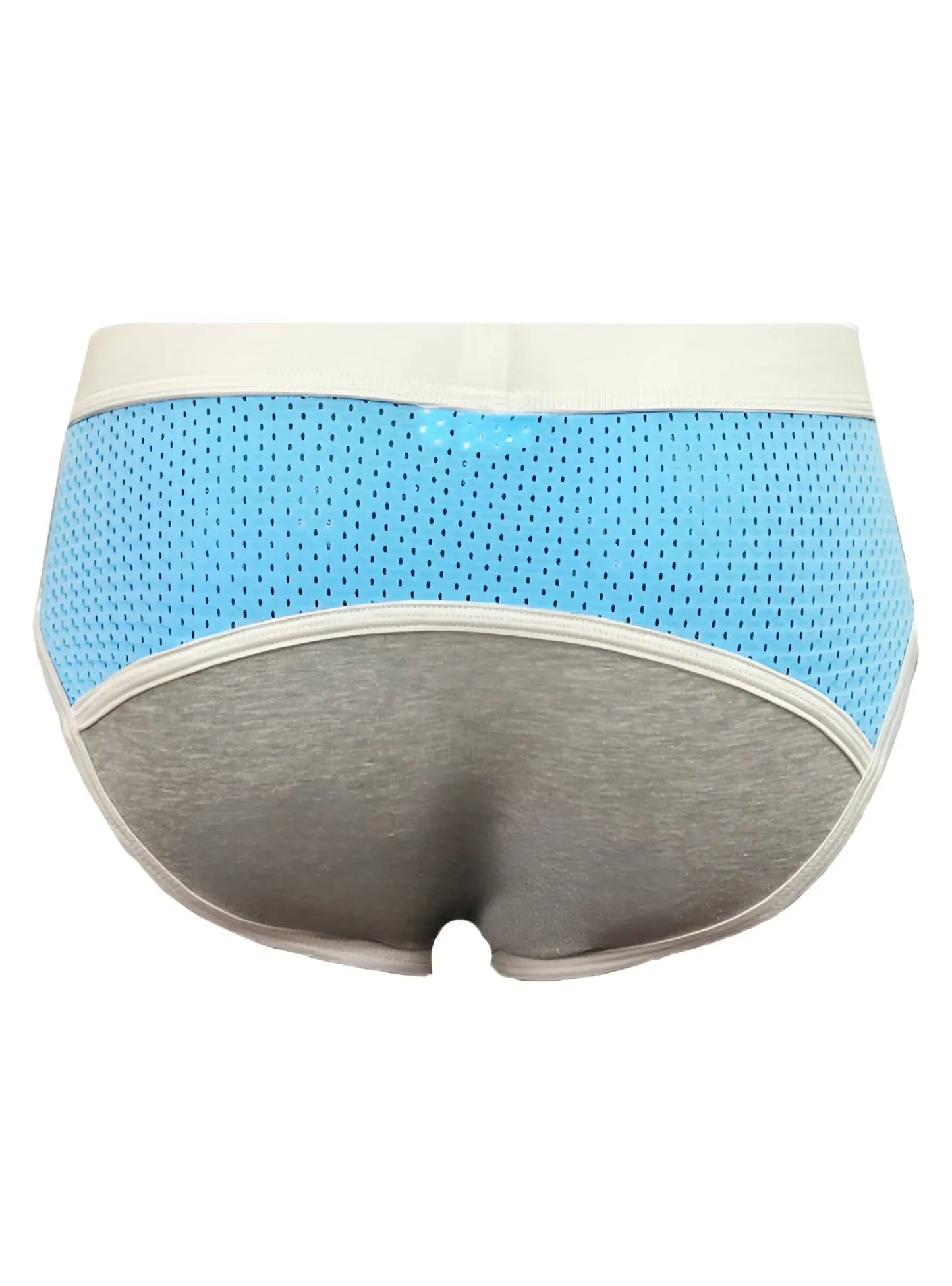 Basix Sport’s light blue and gray athletic briefs with breathable mesh front panel and cream elastic waistband