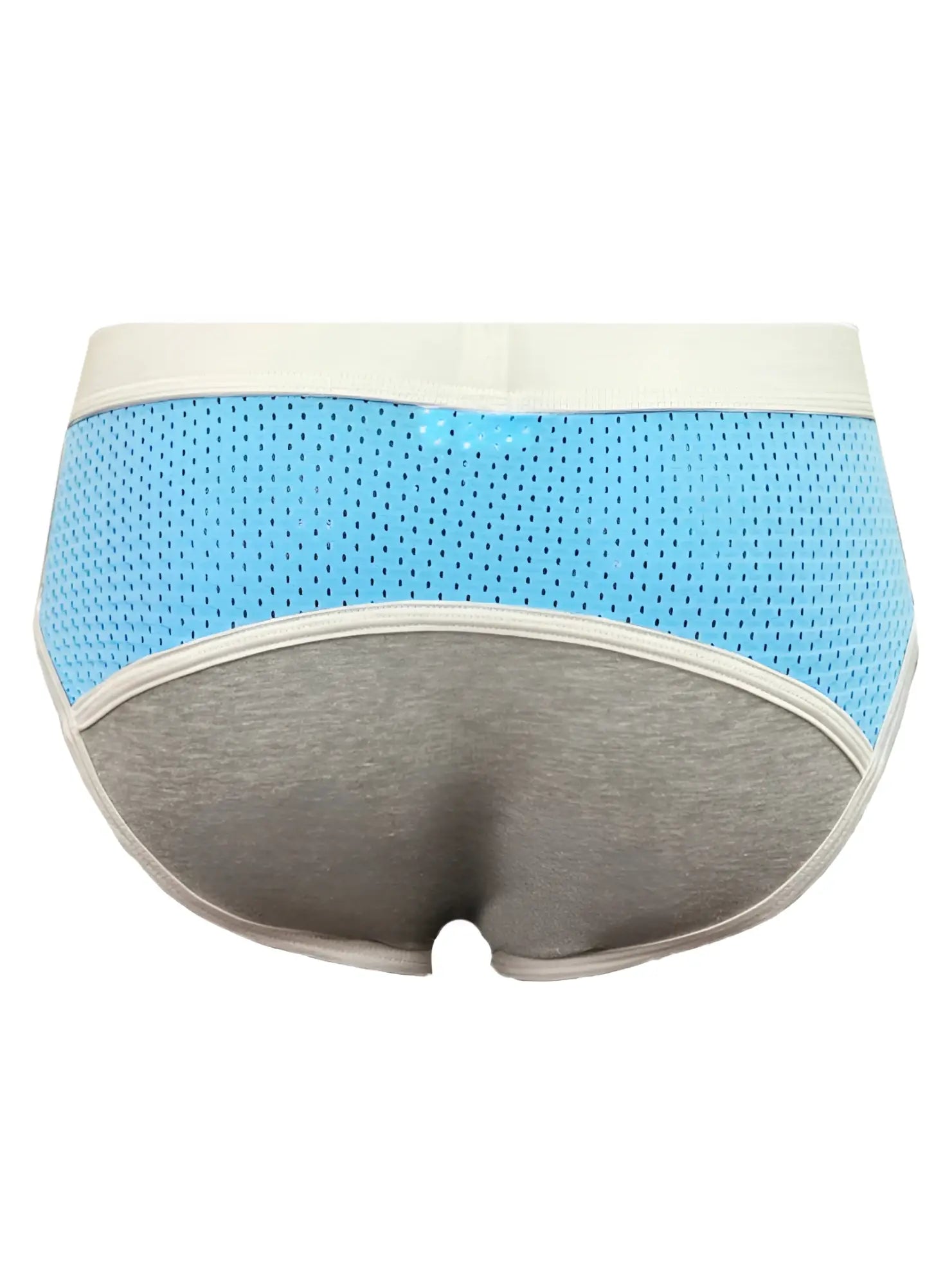 Basix Sport’s light blue and gray athletic briefs with breathable mesh front panel and cream elastic waistband