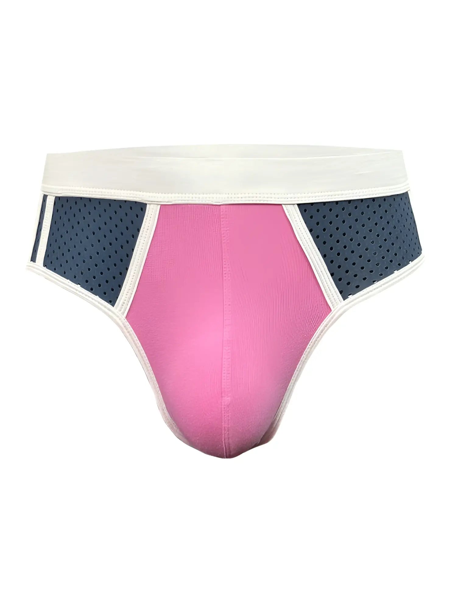 Basix Sport’s brief in pink and navy blue athletic fabric with a white elastic waistband for active wear