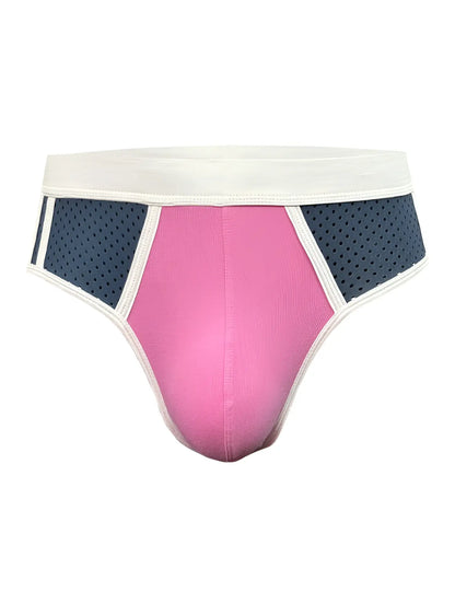 Basix Sport’s brief in pink and navy blue athletic fabric with a white elastic waistband for active wear