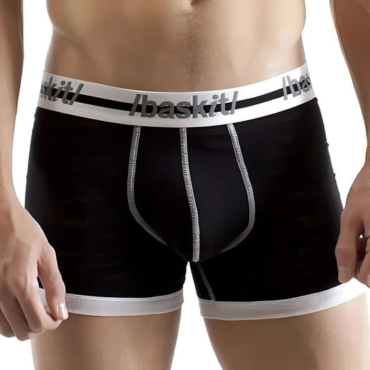 Black baskit burnout boxer brief with white elastic waistband and trim featuring subtle gray stitched design
