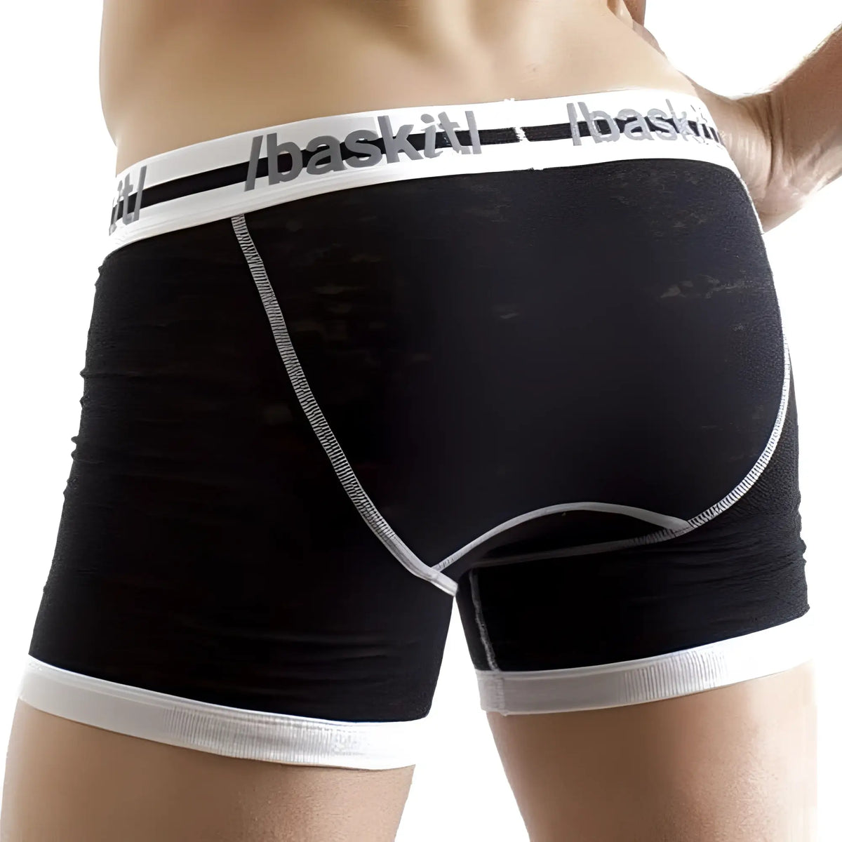 Baskit 6336321 burnout boxer brief in black with white elastic waistband and leg bands featuring a textured pattern