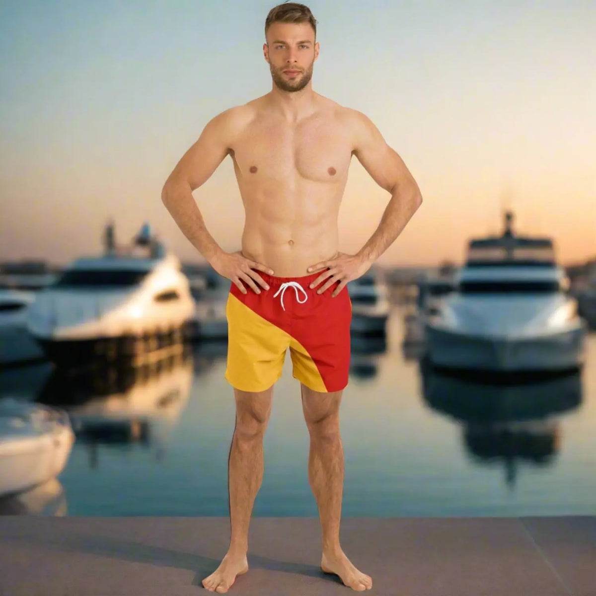 Men's swim shorts by Maris Equi in red and yellow featuring a drawstring waistband shown on a model by boats.